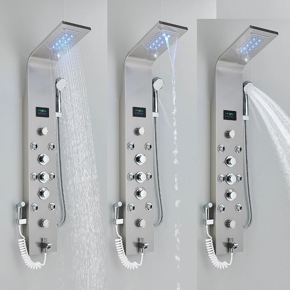 Black LED Light Shower Faucet Bathroom SPA Massage Jet Shower Column System Waterfall Rain Shower Panel Bidet Sprayer Tap