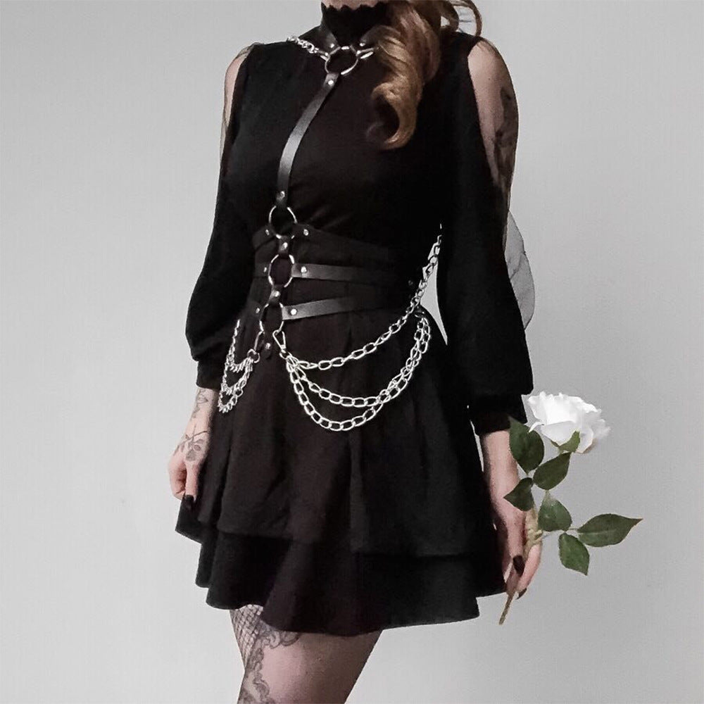 Bondage Flirt Toys Leather Clothes Shiny Leather New Metal Chain Stage Performance Clothes Erotic Supplies BDSM