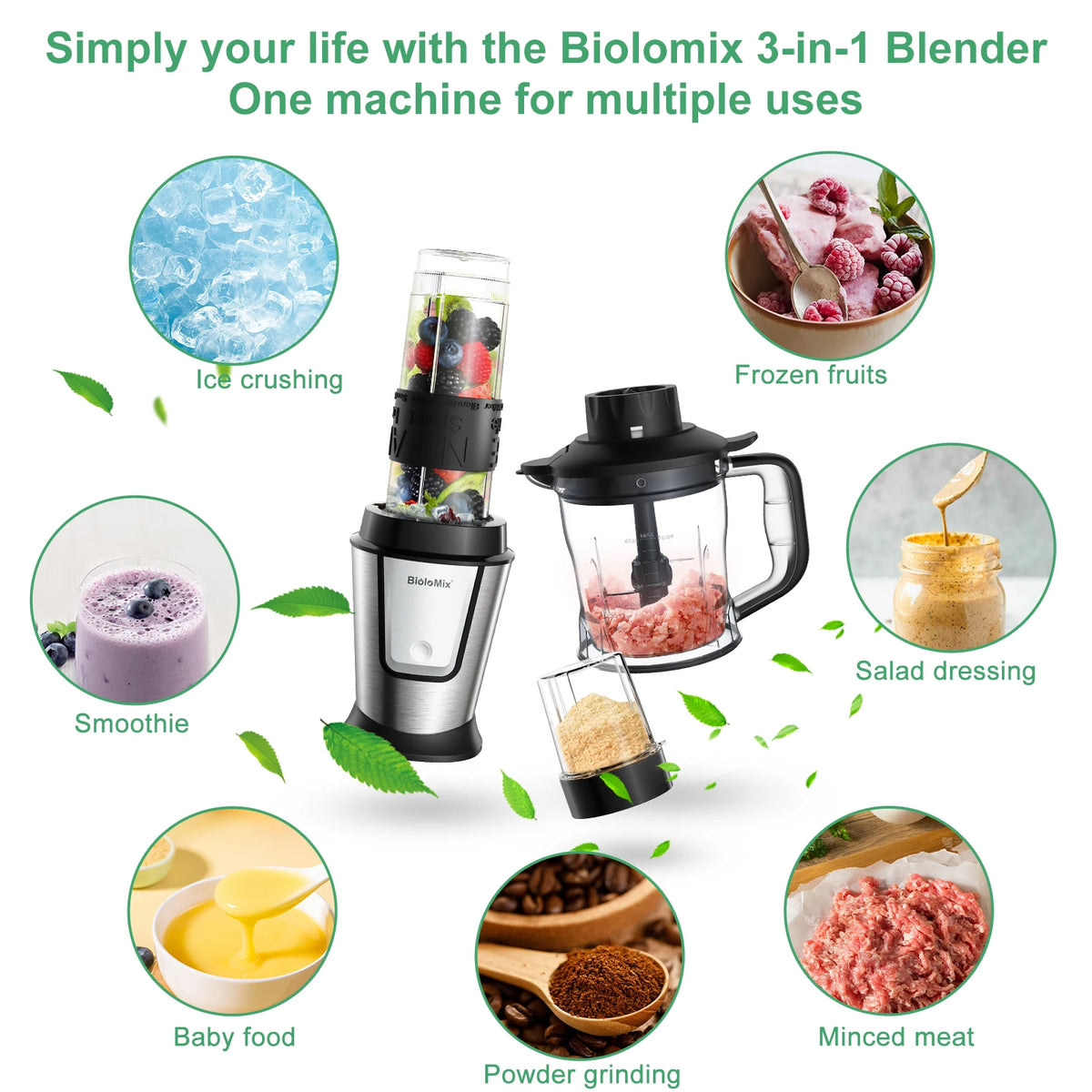 BioloMix 700W Compact Kitchen Blender 3-in-1 Juicer Food Processor and Dry Grinder Perfect for Making Fresh Juices Dips