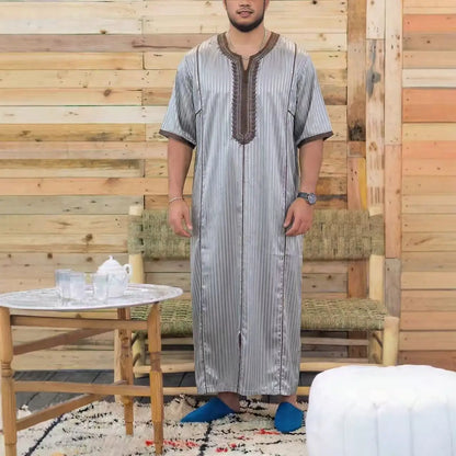Muslim Men's Morocco Gandoura Thobe Loose Short Sleeves Gorgeous Embroidery Comfortable Islamic Men's Traditional Clothing Party
