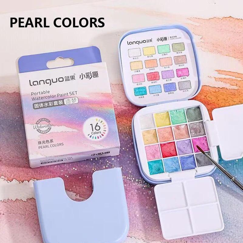16 Colors Mini Portable Solid Watercolor Paint Set with Brush & Palette Travel Sketching Painting Box for Art Drawing Sketching