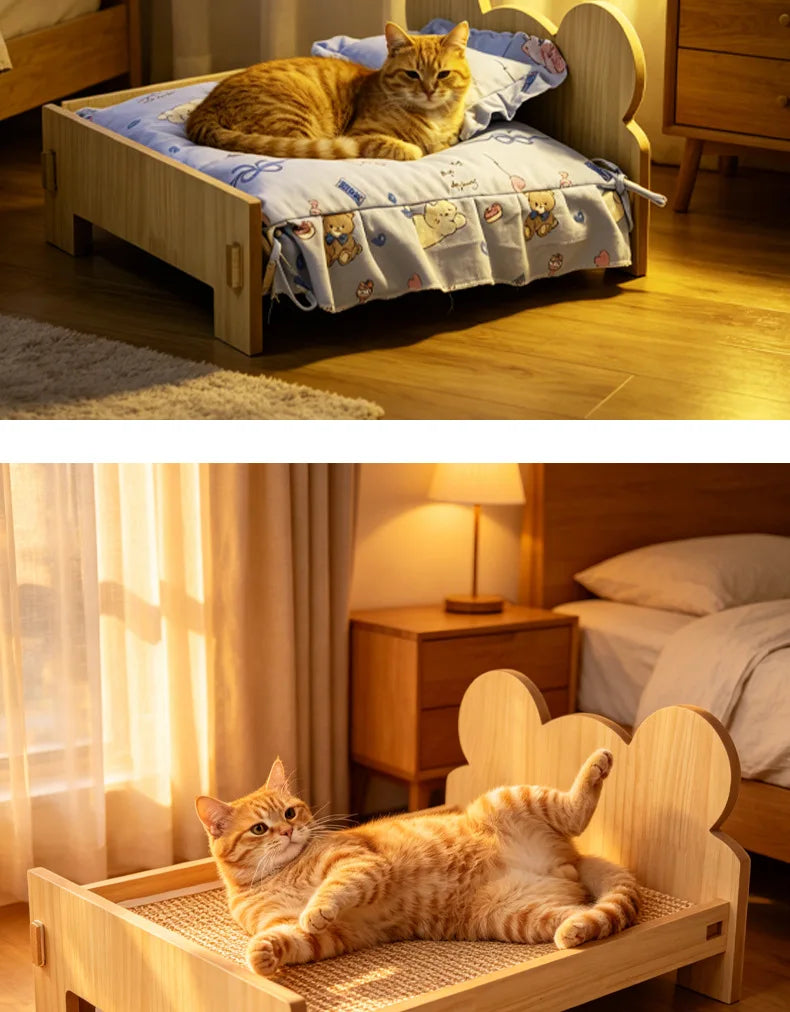 Cat Bed Wooden Cat And Dog Bed With Teddy Bear Pattern Indoor Pet Furniture Floor To Ceiling Bed Comfortable Durable