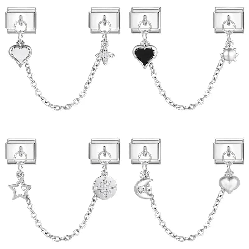 Tassel Chain Butterfly Flowers Star Moon Heart Zircon Italian Charm Links Fit 9mm Bracelet Stainless Steel DIY Jewelry Making