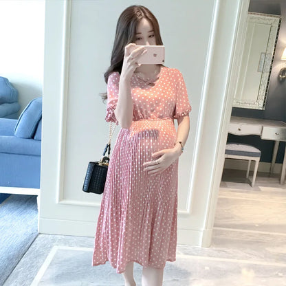 Summer Maternity Dress for Pregnant Women Petal Collar Bubble Sleeve High Waist Peter Pan Casual Temperament Gown