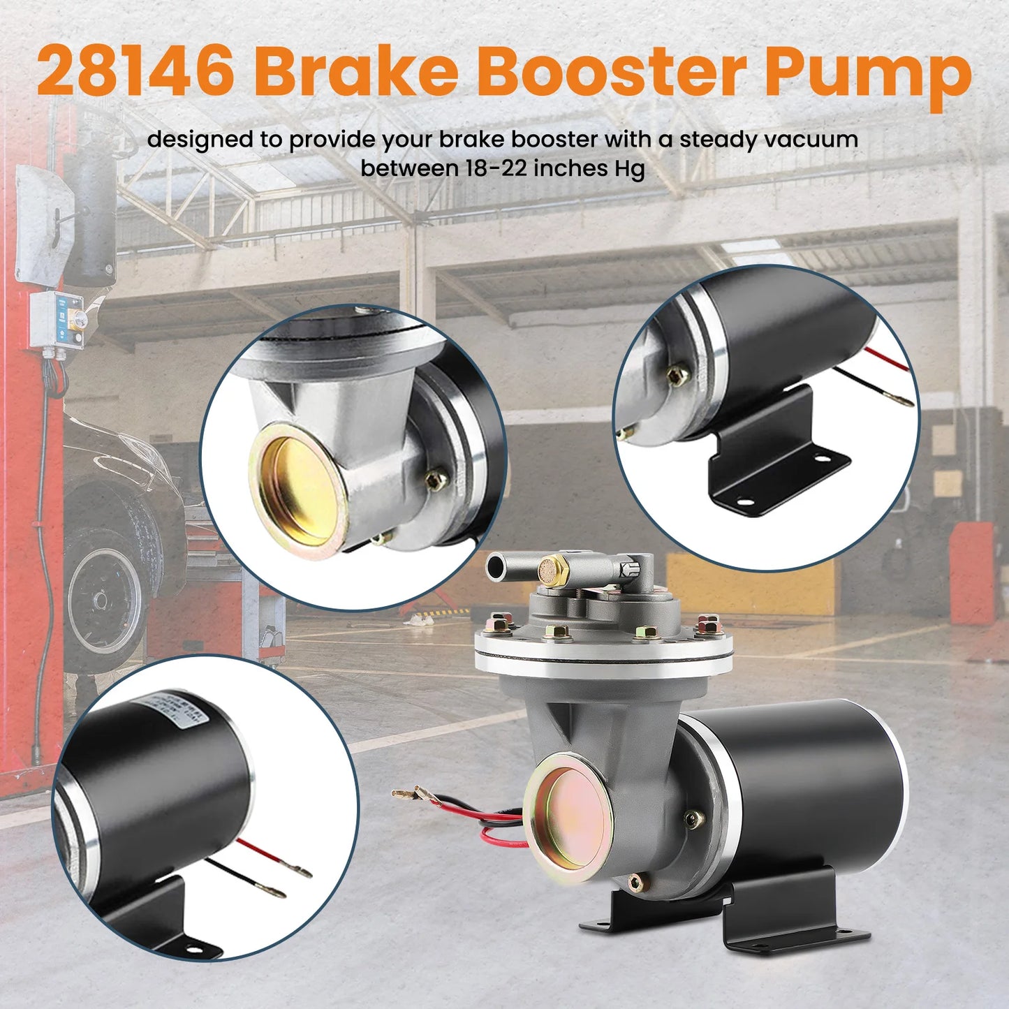 Electrical Vacuum Pump Kit  18" to 22" for Power Brake Booster with  relay vacuum pressure switch/ hose mounting hardware kit.