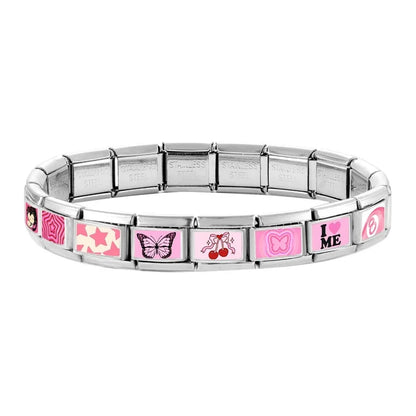 Wholesale Sweet Pink Series Stars Heart Flowers Butterfly Italian Link Fit 9mm Stainless Steel Bracelet Making DIY Charm Jewelry