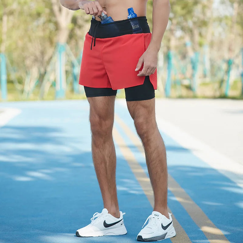 2 in 1 Trail Running Marathon Multifunctional Shorts Quick Dry Long Distance Training Sports Men Summer Lining With Waist bag