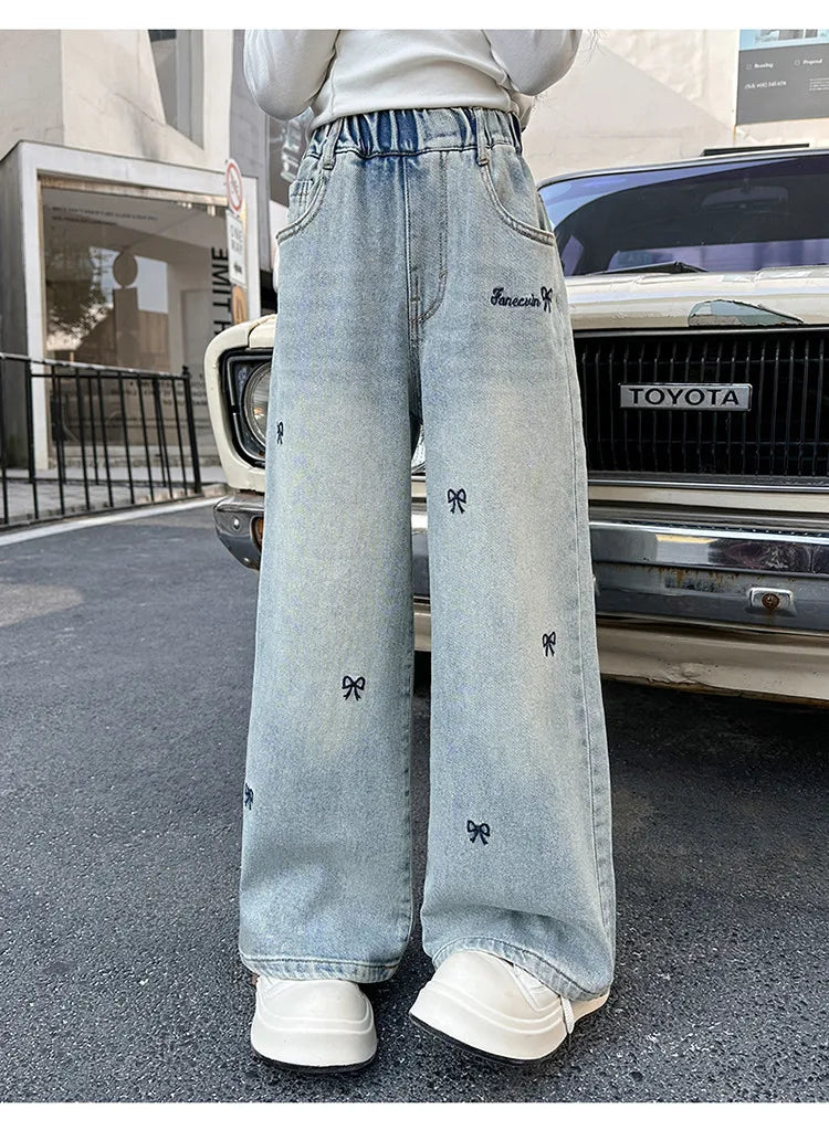 New 4-14 Years Spring Autumn Teenage Girls Jeans Full Print Bow Embroidery Fashion Wide-leg Denim Pants For Kids