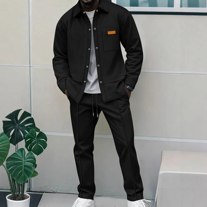 2026 Men's New Style Waffle Plain Color Collar Button-Down Pockets Long-Sleeved Pants Casual Jacket Set