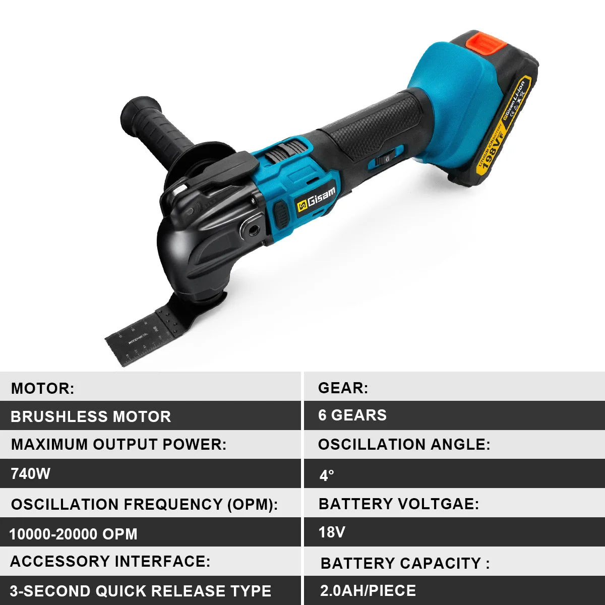 Gisam 20000OPM Cordless Quickrelease Oscillating Tool Multifunction Trimmer Power Tool Anti-Vibration for makita 18V battery Pin
