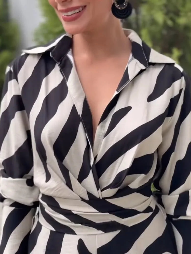 Women's Fashion Zebra Printed Wide Leg Lapel Jumpsuits Long Sleeves High Waisted Urban Trendy Office Party Jump Suits