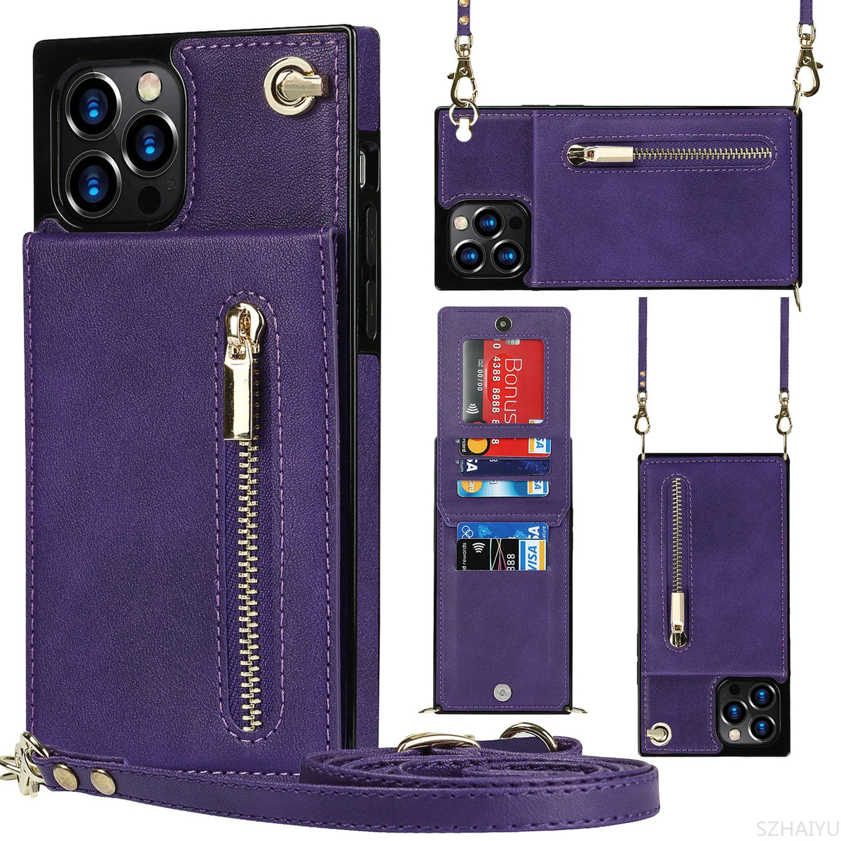 Zipper Wallet for IPhone 17 Air 16 16E 15 14 13 12 11 Pro Max Plus Case with Card Holder Lanyard Strap Crossbody Leather Cover