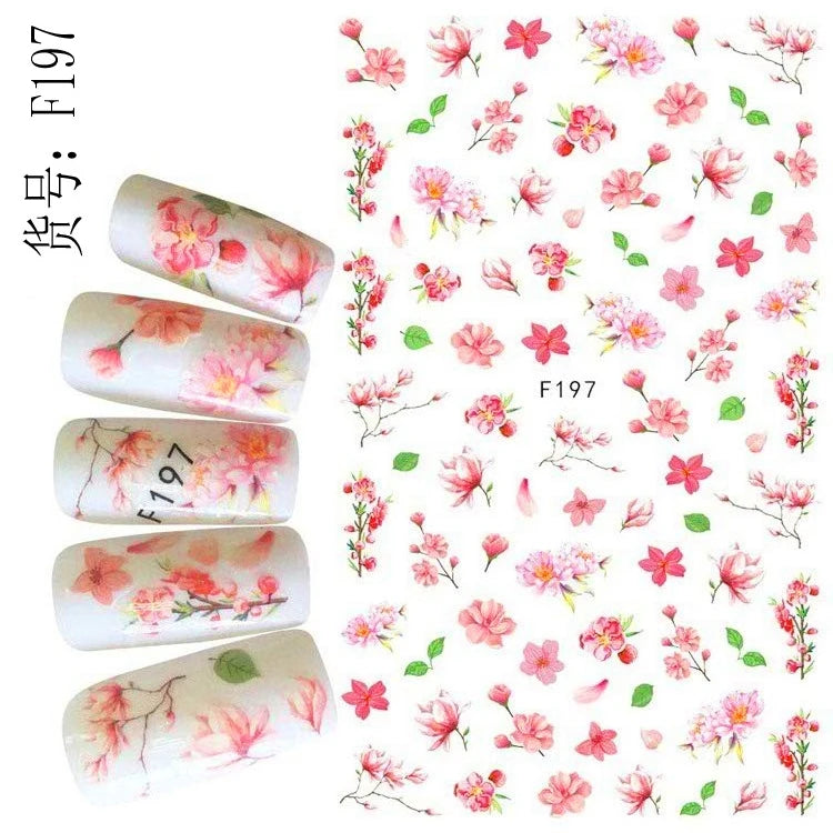 3d Nail Art Decals Watercolor Florals Purple Green Pink Flowers Leafs Fruit Adhesive Sliders Nail Stickers For Manicure