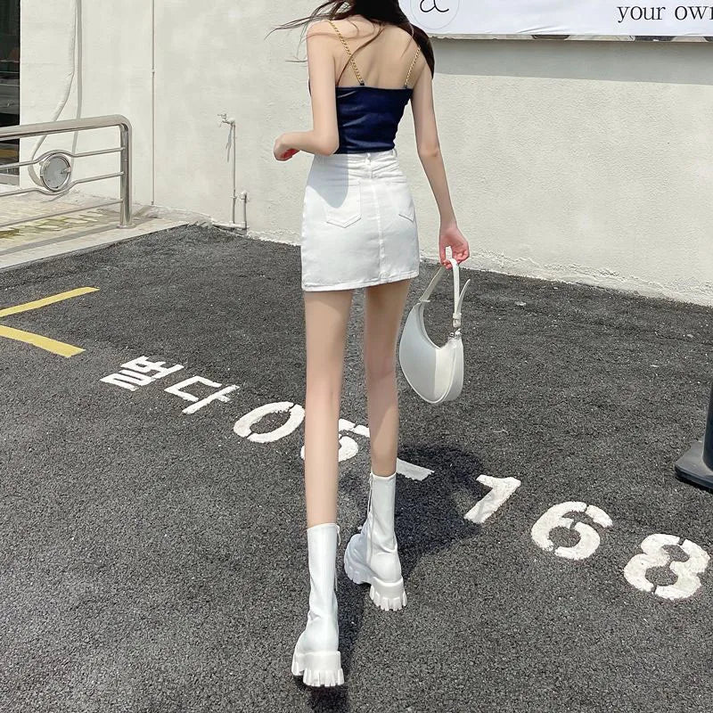 Smvp White Denim Skirts Women Spring Summer Korean High Waist Package Hip Skirt Woman Casual Simple Wild Jean Mini Skirts