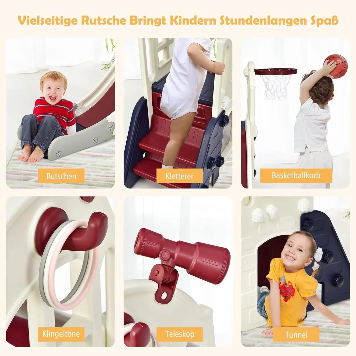 Children's Slide,6-in-1 Children's Slide&Ladder&Basketball Hoop&Throw Ring&Telescopic&Tunnel,Children's Playground