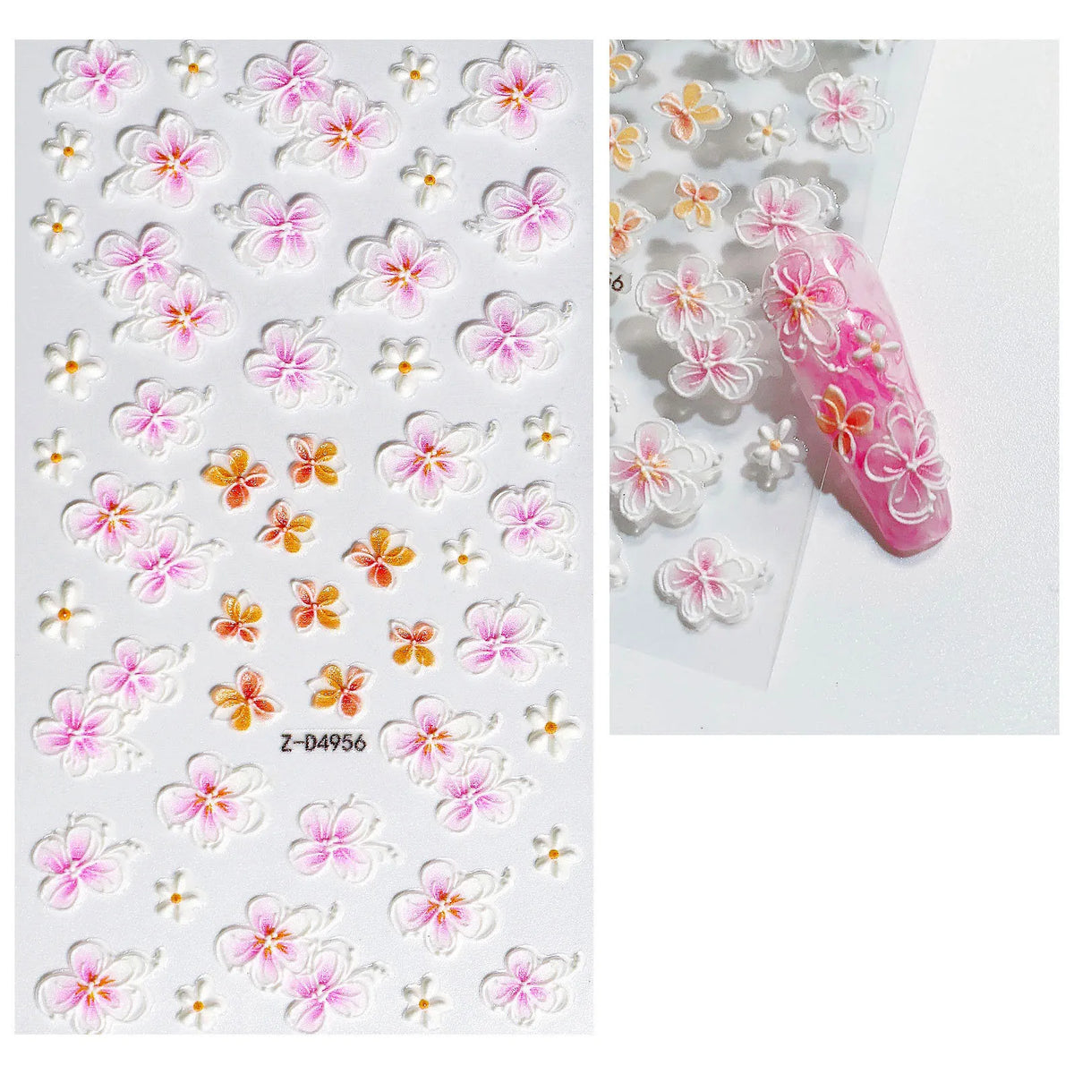 5D Hibiscus Flower Nail Embossed Sticker Acrylic Pink White Gold Petal Leaf Adhesive Decal Butterfly Dragon Floral Elegant Decor