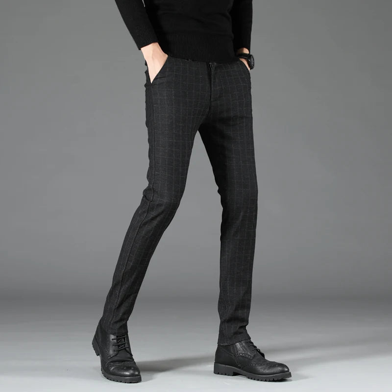2026 Black Pants Men Plaid Trousers, Spring / Autumn New Fashion Slim Pants Men Gray Stripe Slacks 28-38 Pantalones Hombre