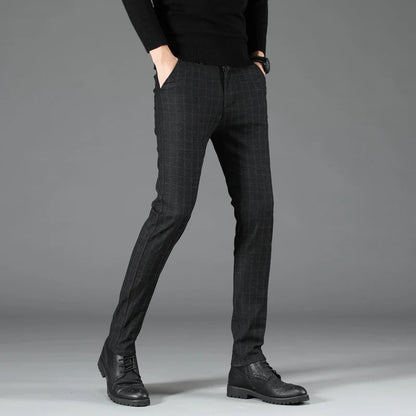 2026 Black Pants Men Plaid Trousers, Spring / Autumn New Fashion Slim Pants Men Gray Stripe Slacks 28-38 Pantalones Hombre
