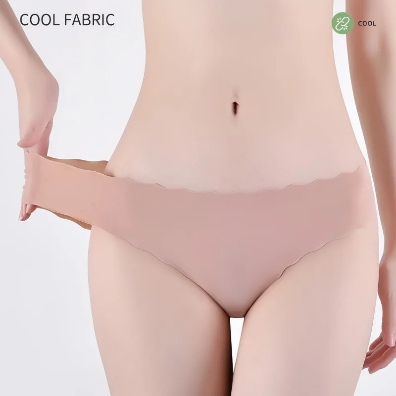 4Pcs/Set Ice Silk Mid-Rise Panties Women's Seamless Briefs Solid No Show Underwear Scalloped Edge Panties Sexy Lingerie XS-XL