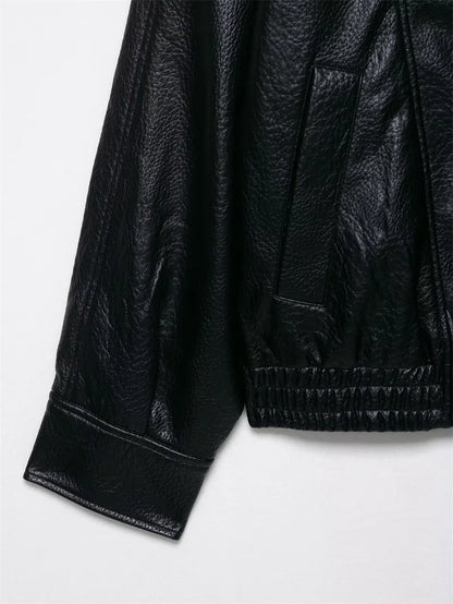 Women's Faux Leather Jacket 2025 New Fashion Autumn Black Long Sleeve Pebble Jacket Motorcycle Style Personality Ladies Jacket