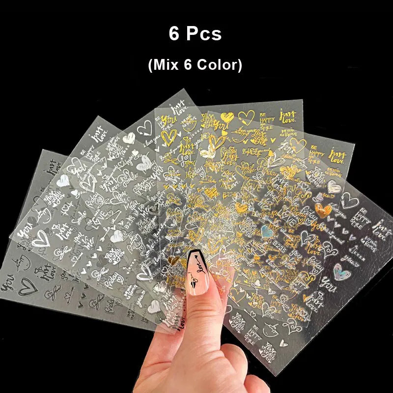 6Pcs/Pack Laser Gold Silver 3D Nail Art Stickers Love Heart Letter Image Nail Decoration Ins Style Sticker DIY Foils Accessories