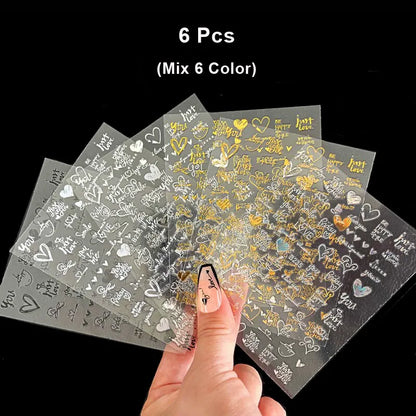 6Pcs/Pack Laser Gold Silver 3D Nail Art Stickers Love Heart Letter Image Nail Decoration Ins Style Sticker DIY Foils Accessories