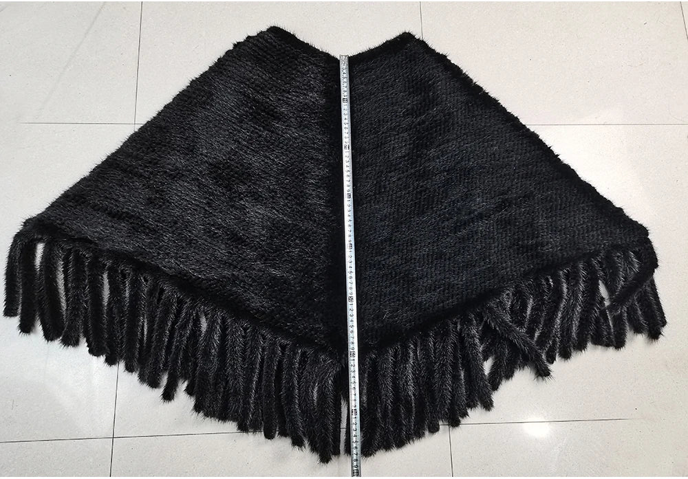 Fashion Women Fur Shawl Winter Knitted Real Mink Fur Stole With Fur Hood Knitted Mink Poncho Pashmina