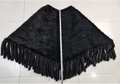 Fashion Women Fur Shawl Winter Knitted Real Mink Fur Stole With Fur Hood Knitted Mink Poncho Pashmina