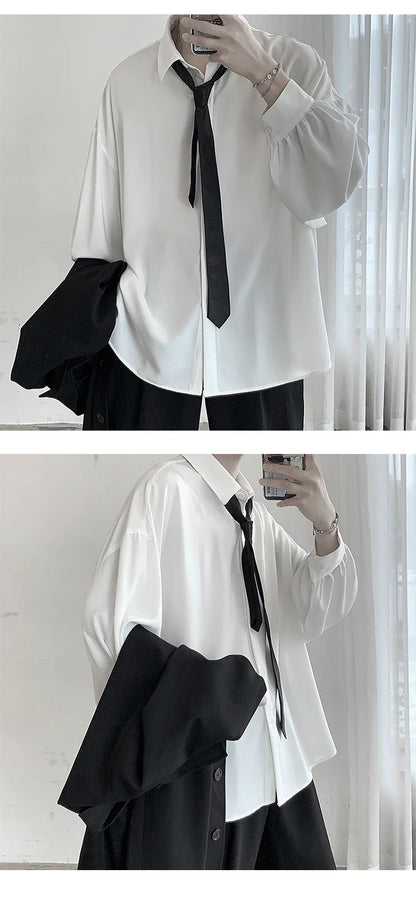Korean Style Men's Long-sleeved Shirts Black Tie Cozy Casual Solid Oversize Blouses Breathable Loose Shirt Harajuku Male Clothes