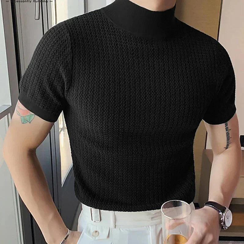 Summer New Casual Simple Knitted Base Shirt European and American Men's High Neck Water Ripple Solid Color T-Shirt