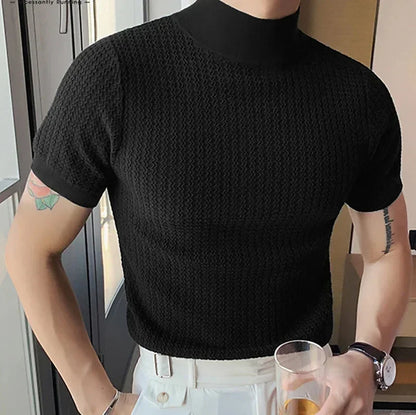Summer New Casual Simple Knitted Base Shirt European and American Men's High Neck Water Ripple Solid Color T-Shirt
