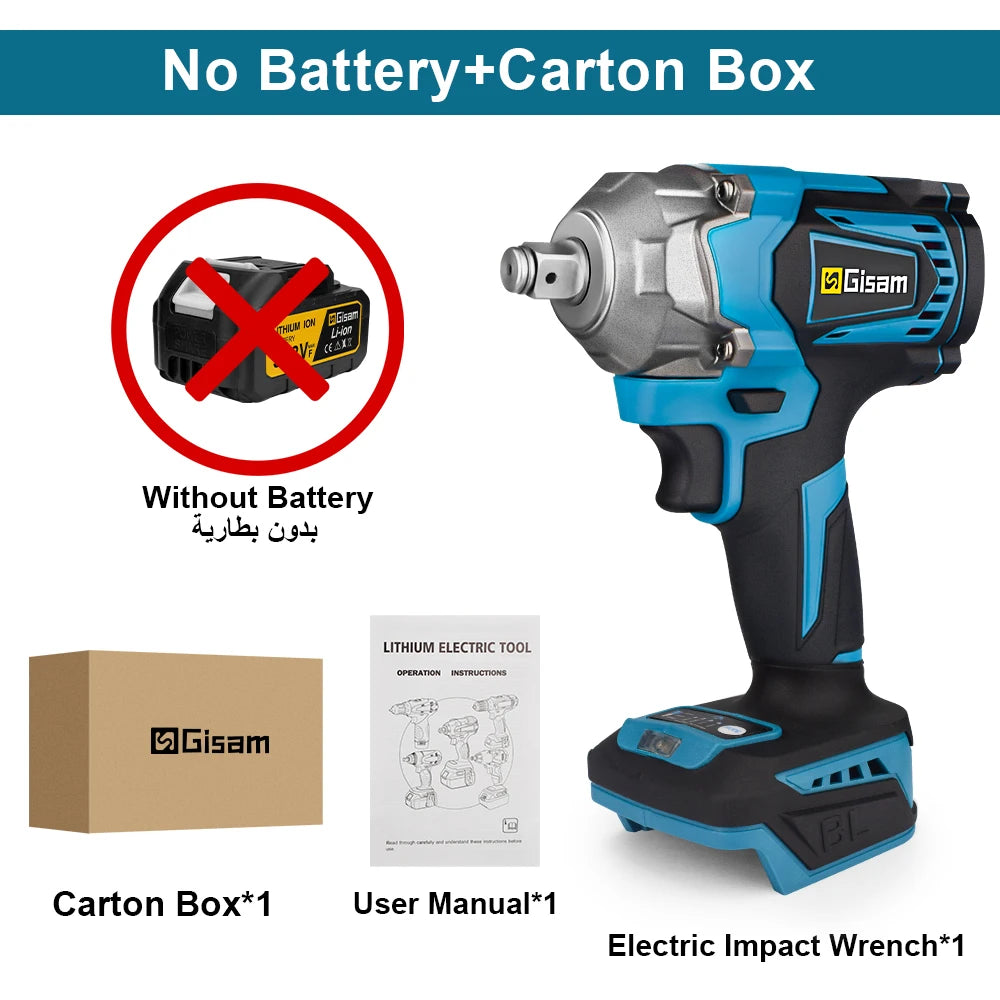 Gisam 1200N.M Torque Brushless Electric Impact Wrench 1/2 inch Cordless Wrench Screwdriver Power Tool for Makita 18V Battery Pin