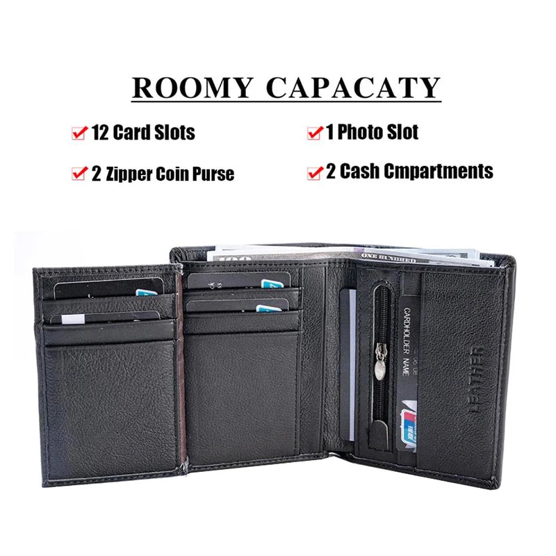 Men Wallet Genuine Leather Wallets for Men Zipper Purse Vertical Business Wallets RFID Anti-Theft Credit Card Holder Money Bag