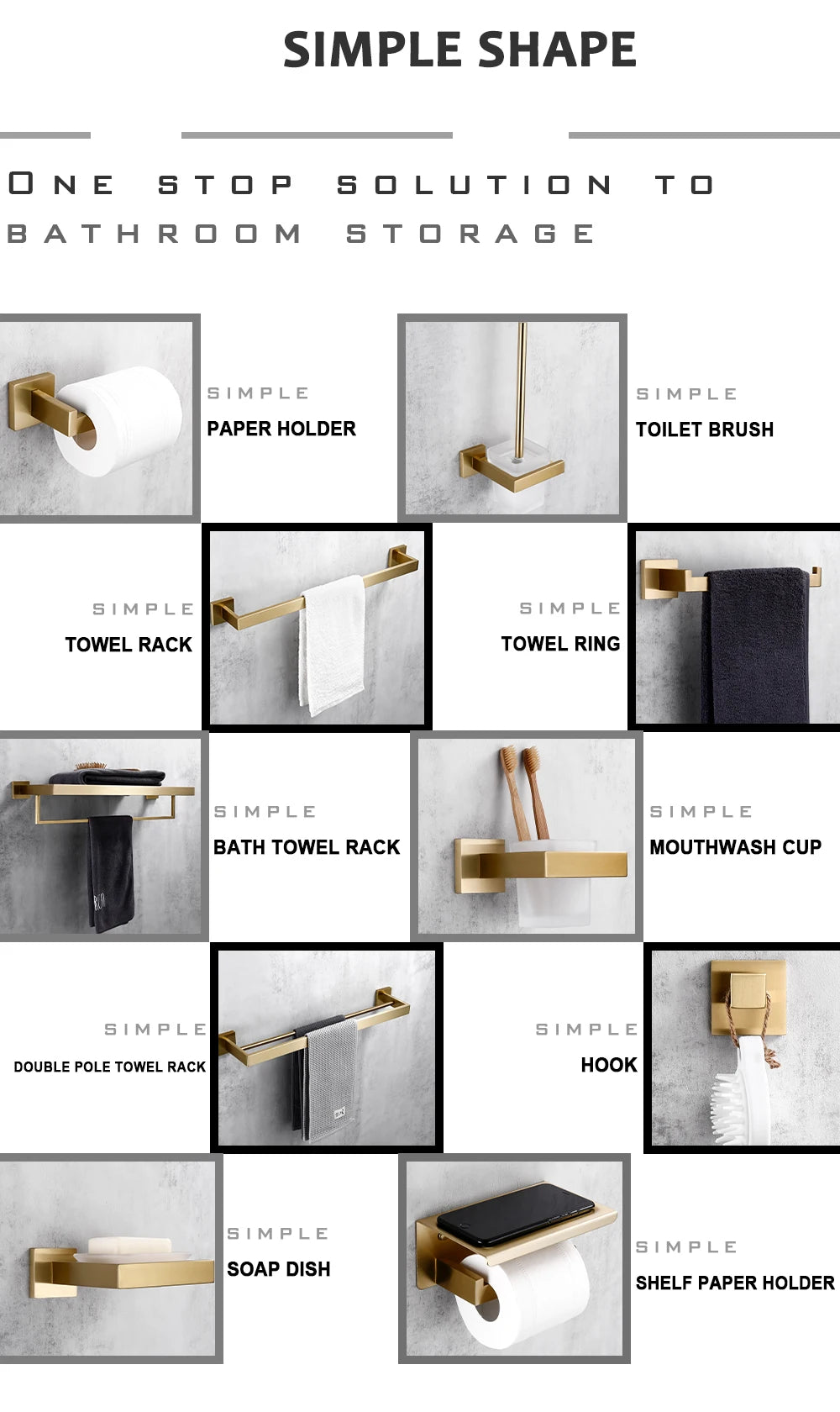 Brushed Gold Bathroom Accessories Set Toilet Brush Holder Toilet Paper Holder Towel Bar Rail Rack Hanger Hook Soap Dish Hardware