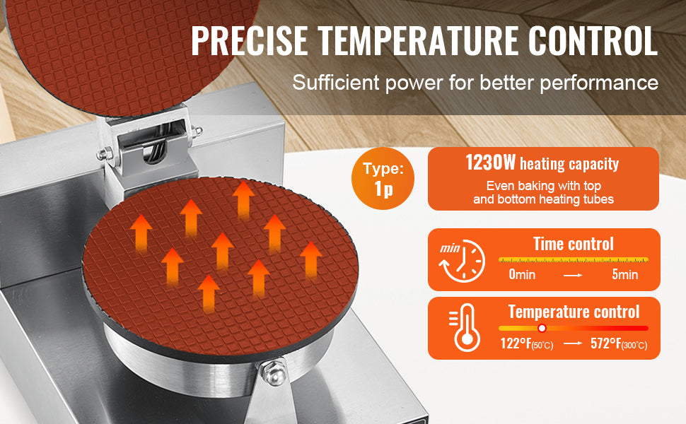 SucceBuy Electric Ice Cream Cone Maker Commercial Non-Stick Stainless Steel Egg Roll Mold with Temperature and Time Control