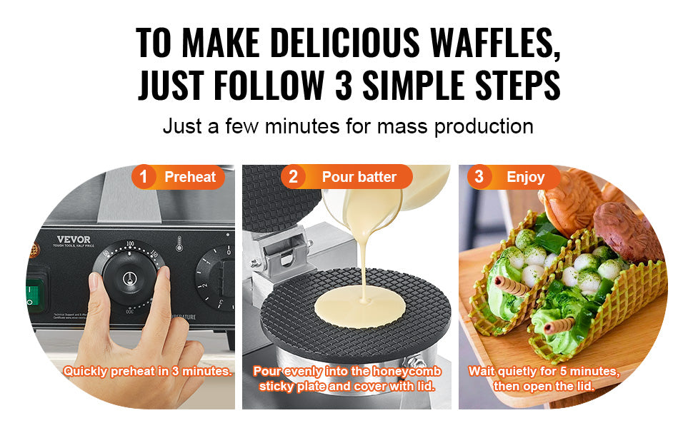 SucceBuy Electric Ice Cream Cone Maker Commercial Non-Stick Stainless Steel Egg Roll Mold with Temperature and Time Control