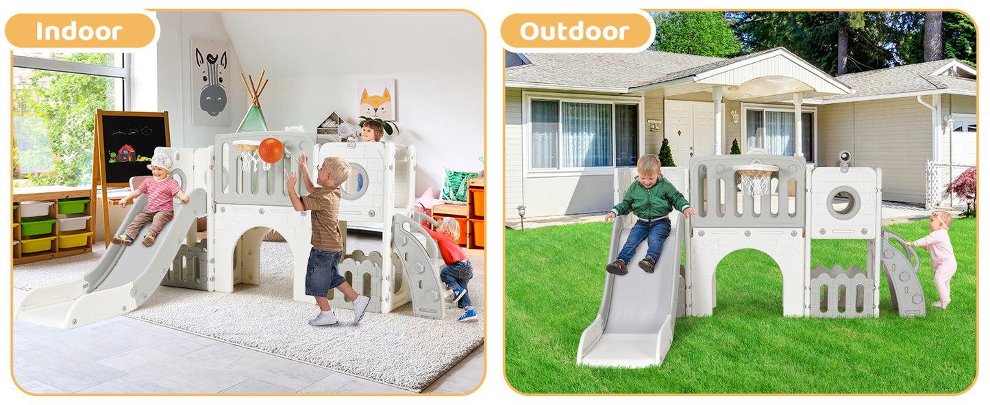 Toddler Slide, 9 in 1 Kids Slide and Climber Playset Indoor Outdoor Playground for Children, w/Basketball Hoop & Ball Telescope