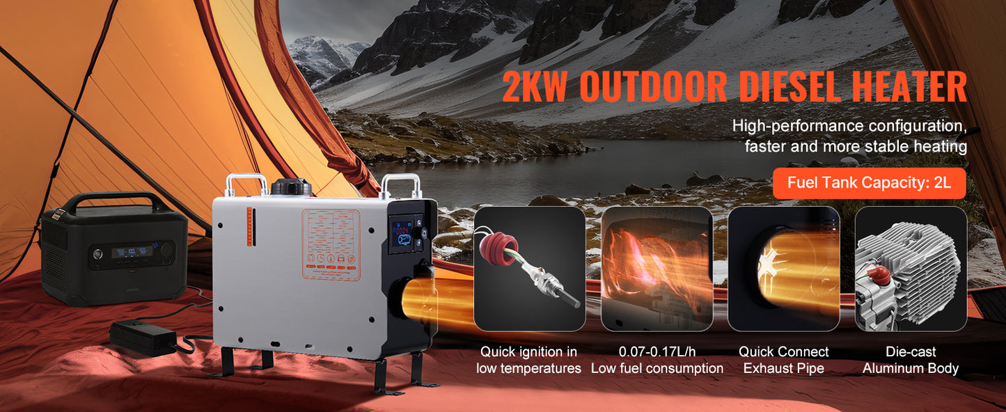 SucceBuy 2/8KW Diesel Heater 12V/24V All in One Diesel Air Heater with Bluetooth CO Alarm Portable Diesel Heater Car Heater for Vehicles and Outdoors