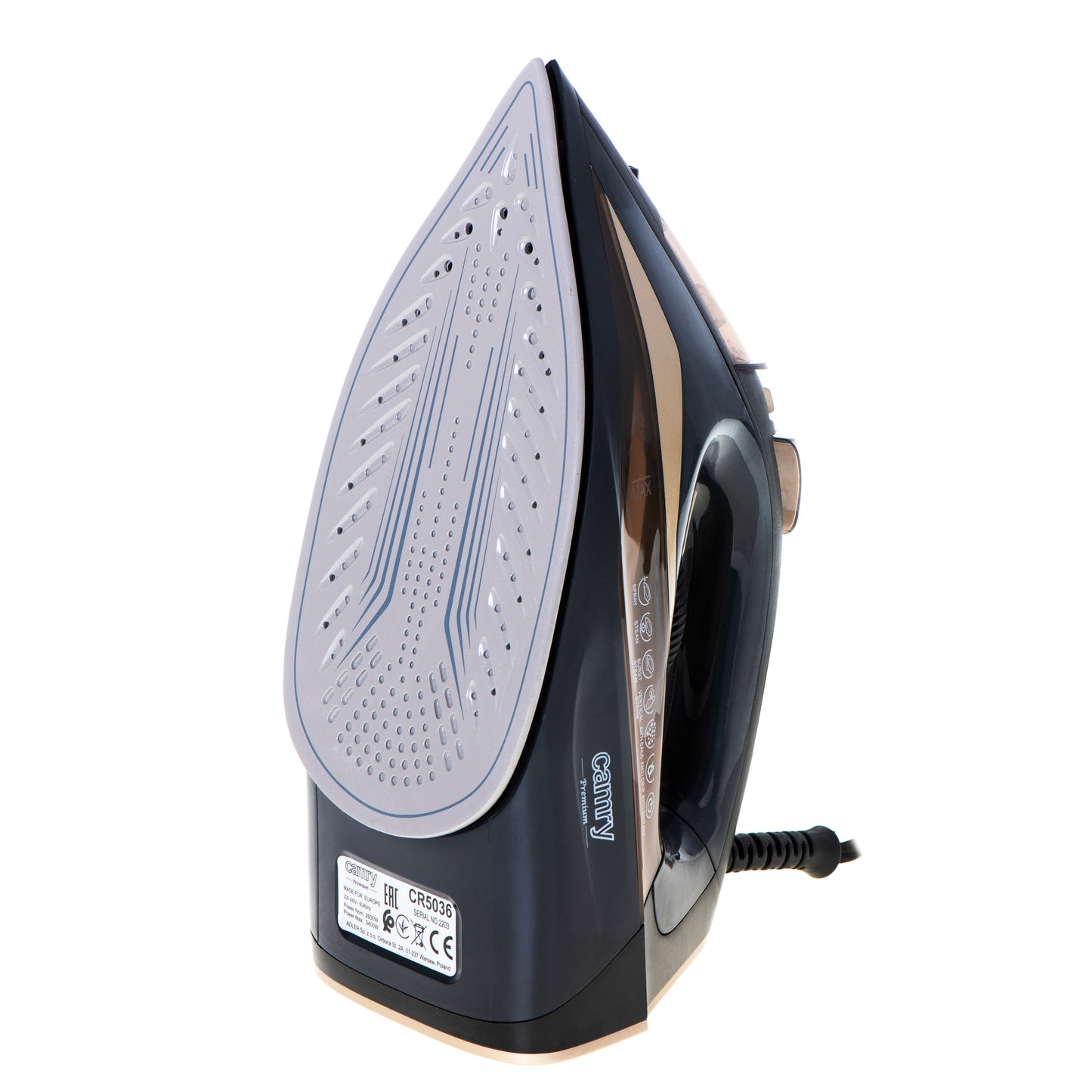 3400W steam iron with ceramic auto-off anti-drip anti-calc self-clean steam stroke 80g/min. Washer