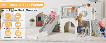 Toddler Slide, 9 in 1 Kids Slide and Climber Playset Indoor Outdoor Playground for Children, w/Basketball Hoop & Ball Telescope