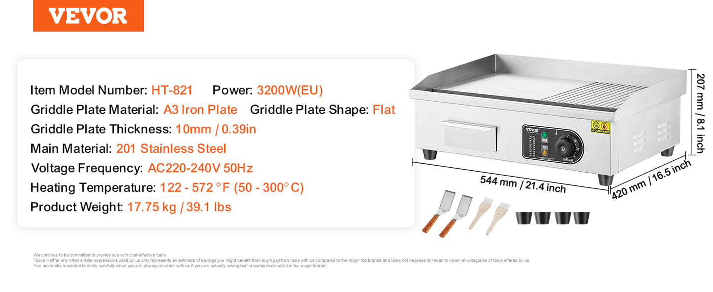 SucceBuy 22/30 inch Commercial Electric Griddle Countertop Half-Flat Top Grill 122℉-572℉ Stainless Steel Teppanyaki Grill
