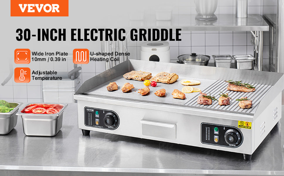SucceBuy 22/30 inch Commercial Electric Griddle Countertop Half-Flat Top Grill 122℉-572℉ Stainless Steel Teppanyaki Grill