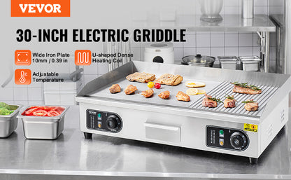 SucceBuy 22/30 inch Commercial Electric Griddle Countertop Half-Flat Top Grill 122℉-572℉ Stainless Steel Teppanyaki Grill