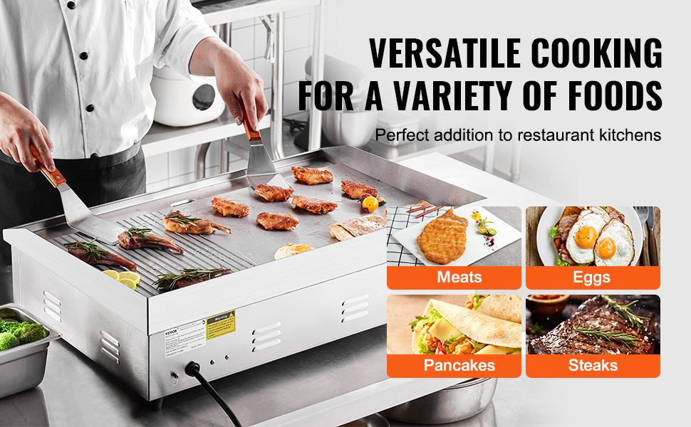 SucceBuy 22/30 inch Commercial Electric Griddle Countertop Half-Flat Top Grill 122℉-572℉ Stainless Steel Teppanyaki Grill