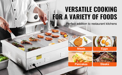 SucceBuy 22/30 inch Commercial Electric Griddle Countertop Half-Flat Top Grill 122℉-572℉ Stainless Steel Teppanyaki Grill