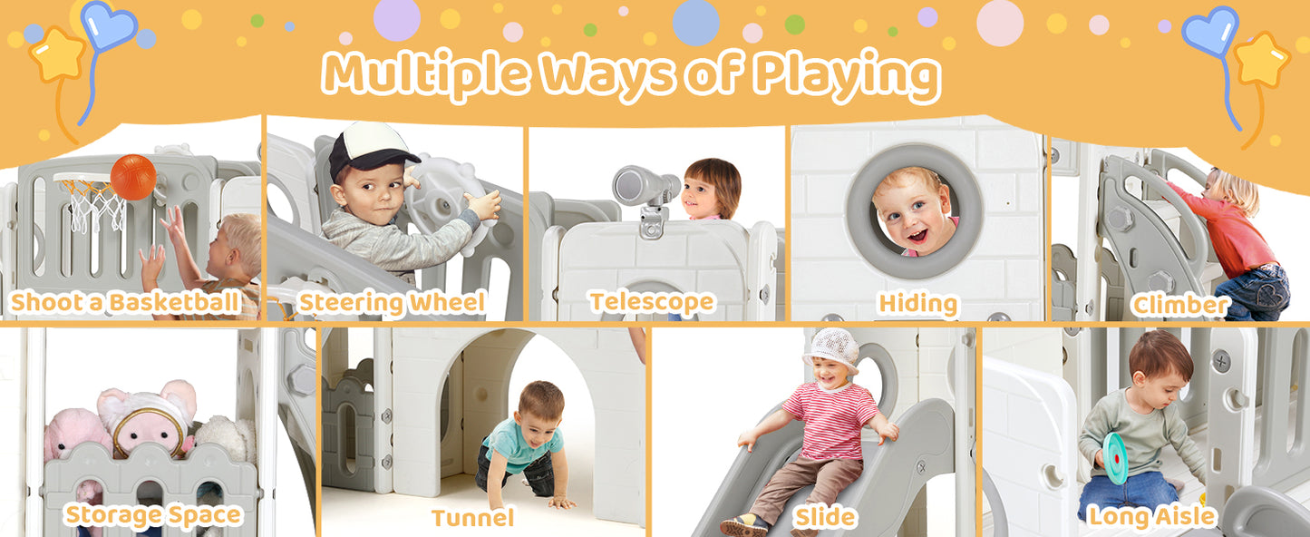 Toddler Slide, 9 in 1 Kids Slide and Climber Playset Indoor Outdoor Playground for Children, w/Basketball Hoop & Ball Telescope