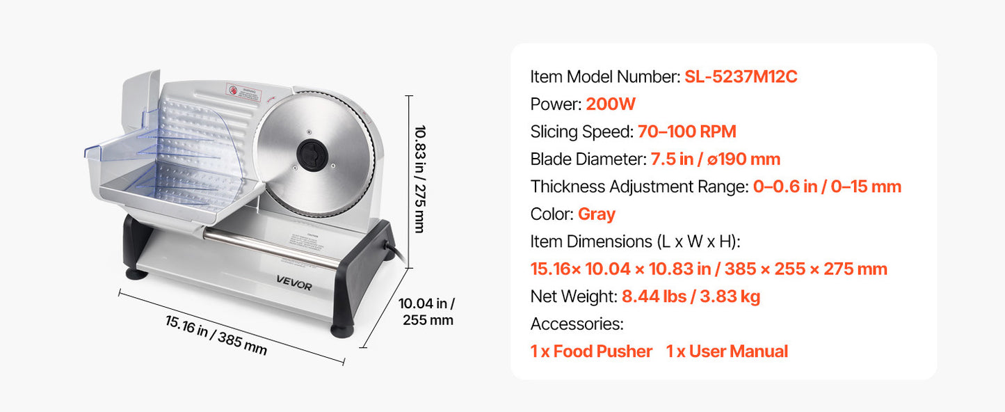 SucceBuy 7.5 inch Meat Slicer Electric Deli Slicer Machine 0-0.6 inch Thickness Home Food-Slicer for Meat, Ham, Baguett, Steak
