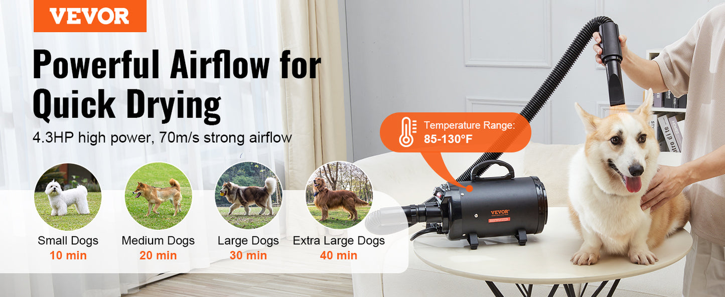 VEVOR 2000W/2.7HP Dog Blow Dryer Adjustable Speed Temperature Control with 4 Nozzles and Extendable Hose for Pet Hair Grooming