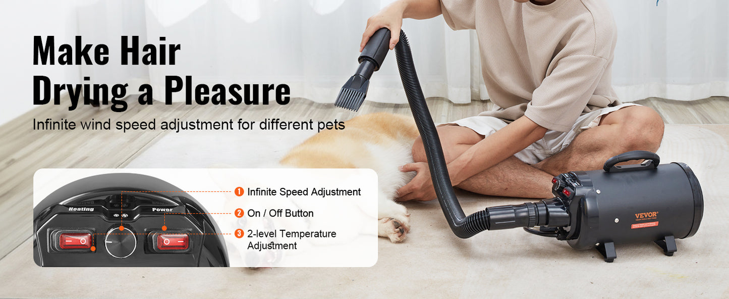 VEVOR 2000W/2.7HP Dog Blow Dryer Adjustable Speed Temperature Control with 4 Nozzles and Extendable Hose for Pet Hair Grooming
