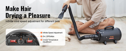 VEVOR 2000W/2.7HP Dog Blow Dryer Adjustable Speed Temperature Control with 4 Nozzles and Extendable Hose for Pet Hair Grooming